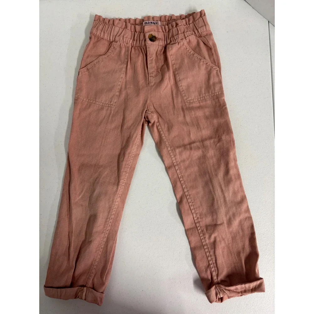 Old Navy Girls Pink Cotton Paperbag Waist Pants Straight Leg Trousers Size S 6-7